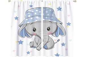 Denruny Cartoon Cute Elephant Curtain Nursery Baby Elephant with Blue Hat Windows Drapes for Nursery Room Kids Room Gifts for Boys and Girls Rod Pocket 2 Panels 63L x 36W