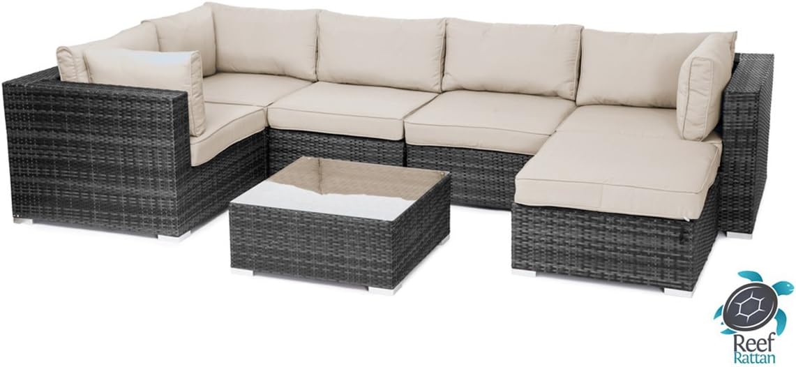 Reef Rattan London 7 Pc Sectional Sofa Set - Grey Rattan / Beige Cushions