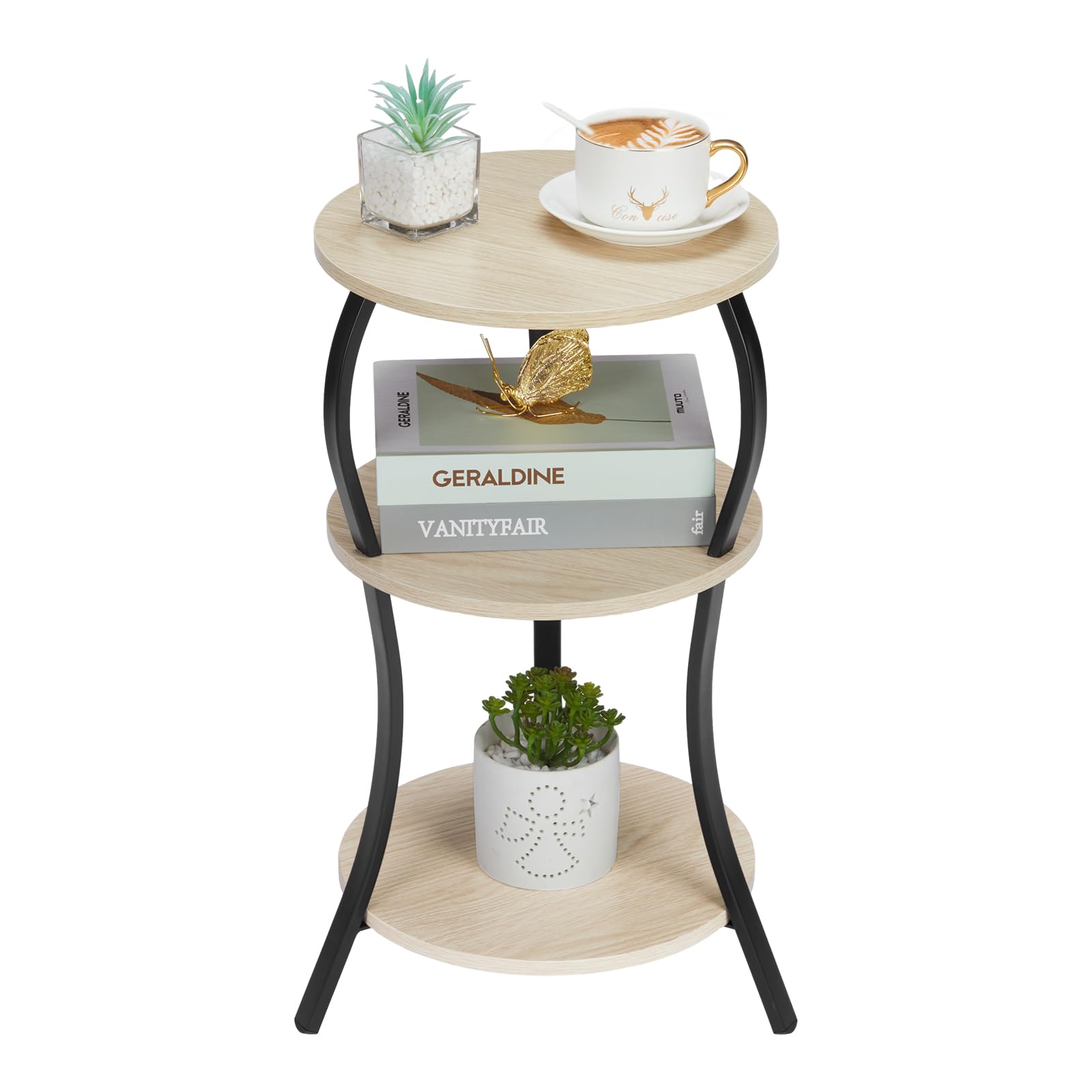 YEAKOO Vintage Round Side Table,3-Tier Slim Waist End Table with Storage Shelves,Round Sofa Side Table Small Corner Coffee Table Bedside for Living Room Bedroom Small Spaces