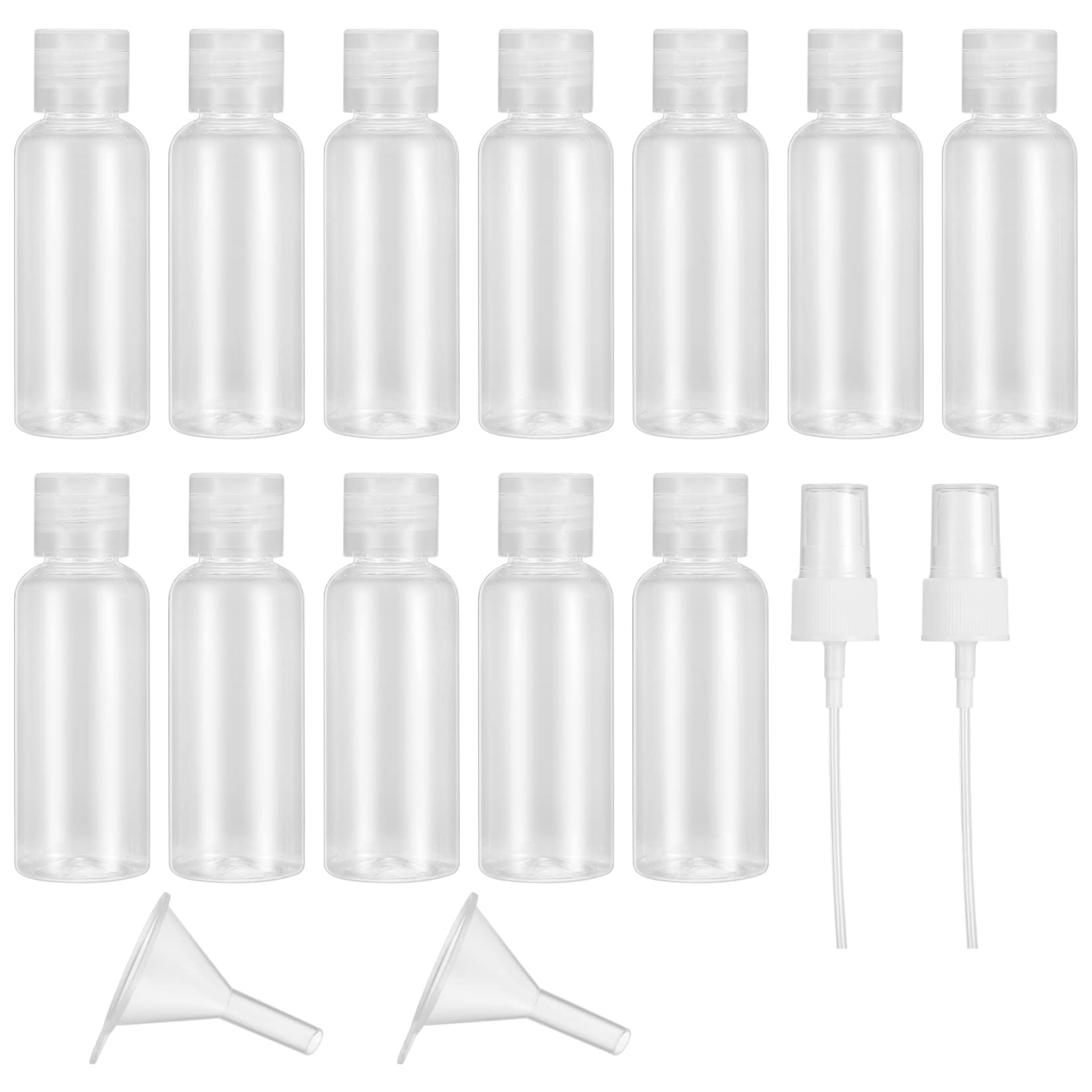 OIJOIYOI 12 Pcs 50 ml Travel Bottles Set, Empty Plastic Containers, Clear Refillable Travel Bottles for Travel, Toiletries, Liquid, Cosmetic, with 2 Funnels and 2 Nozzles