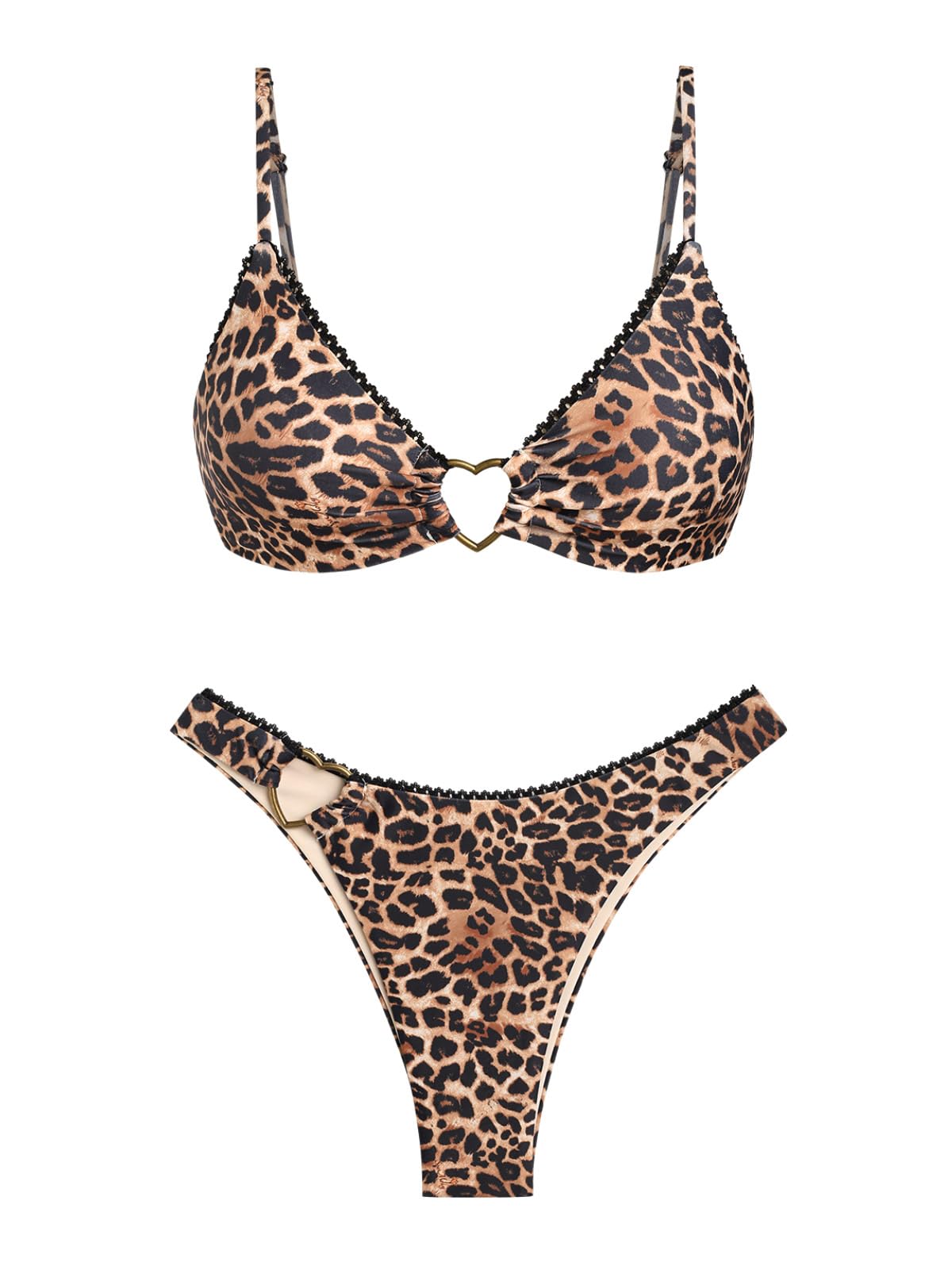 Photo 1 of seamoly Leopard Print Contrast Lace Trim Heart-Shaped Metal Decor Cheeky Bikini Set,Coffee,XL