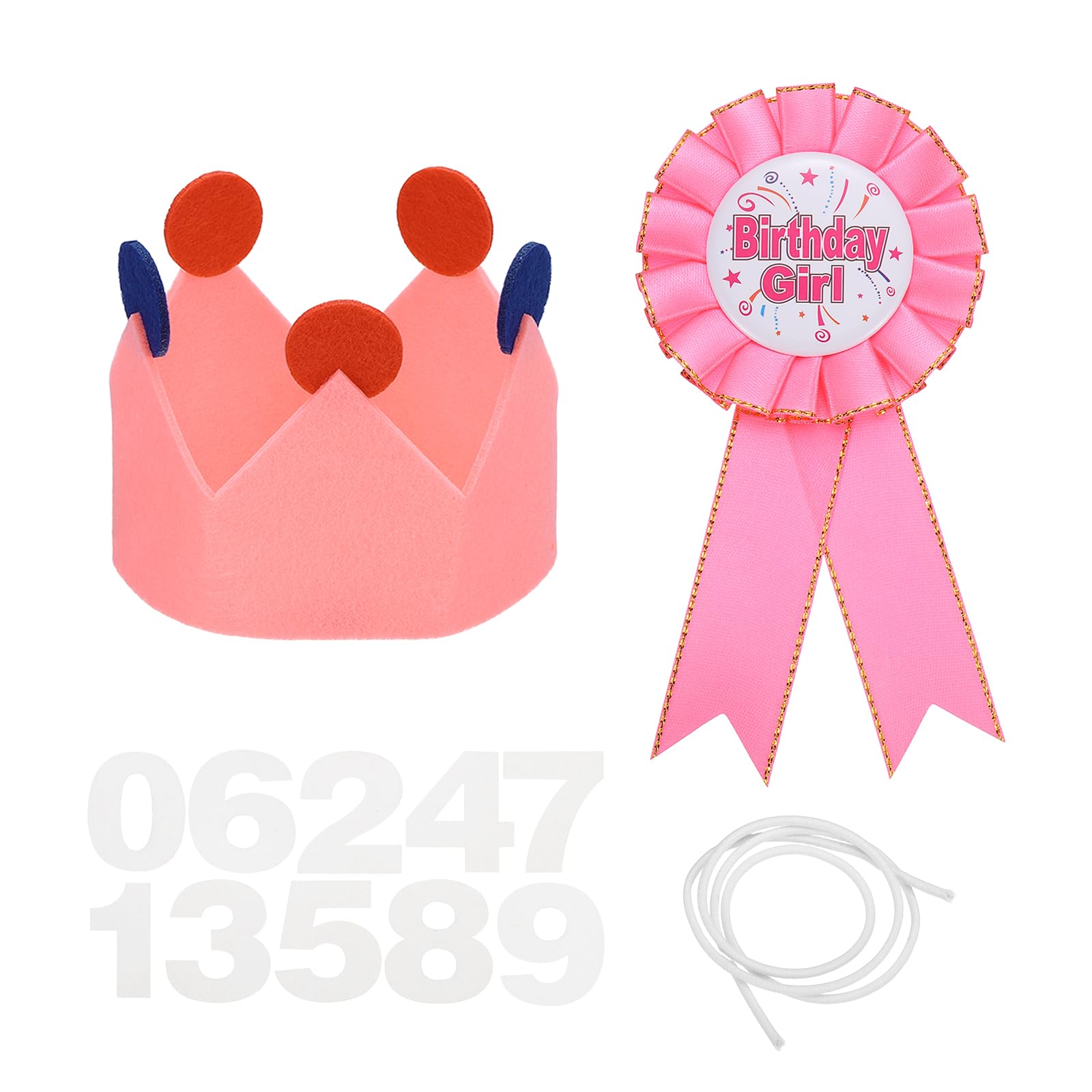 sourcing map Birthday Crown Party Set for Girl, Ribbon Brooch Pin & Felt Crown Hat with 0-9 Numbers for Theme Party Dress-Up Decoration Photo Props Birthdays Celebration, Pink