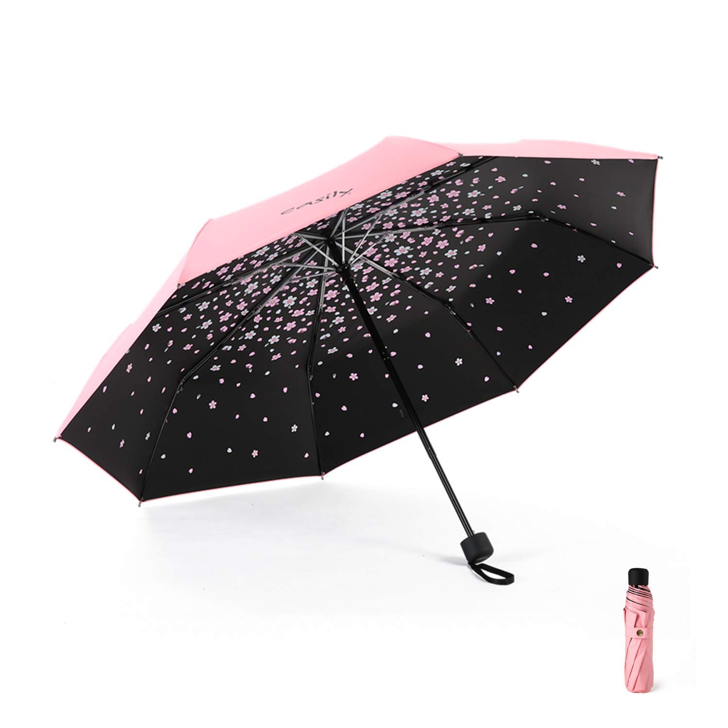 Meiyijia Voy Compact and Foldable Umbrella, UV Protection, Portable, Lady Umbrella – Pink – Cherry Blossom Pattern – Unfolds 96 cm, 96cm
