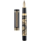 HONG DIAN 8037 Chinese Classical Fountain Pen, Iridum Extra Fine Gold Nib with Chinese Deer Totem Design, Smooth Writing Pen with Ink Converter and Metal Pen Box Set