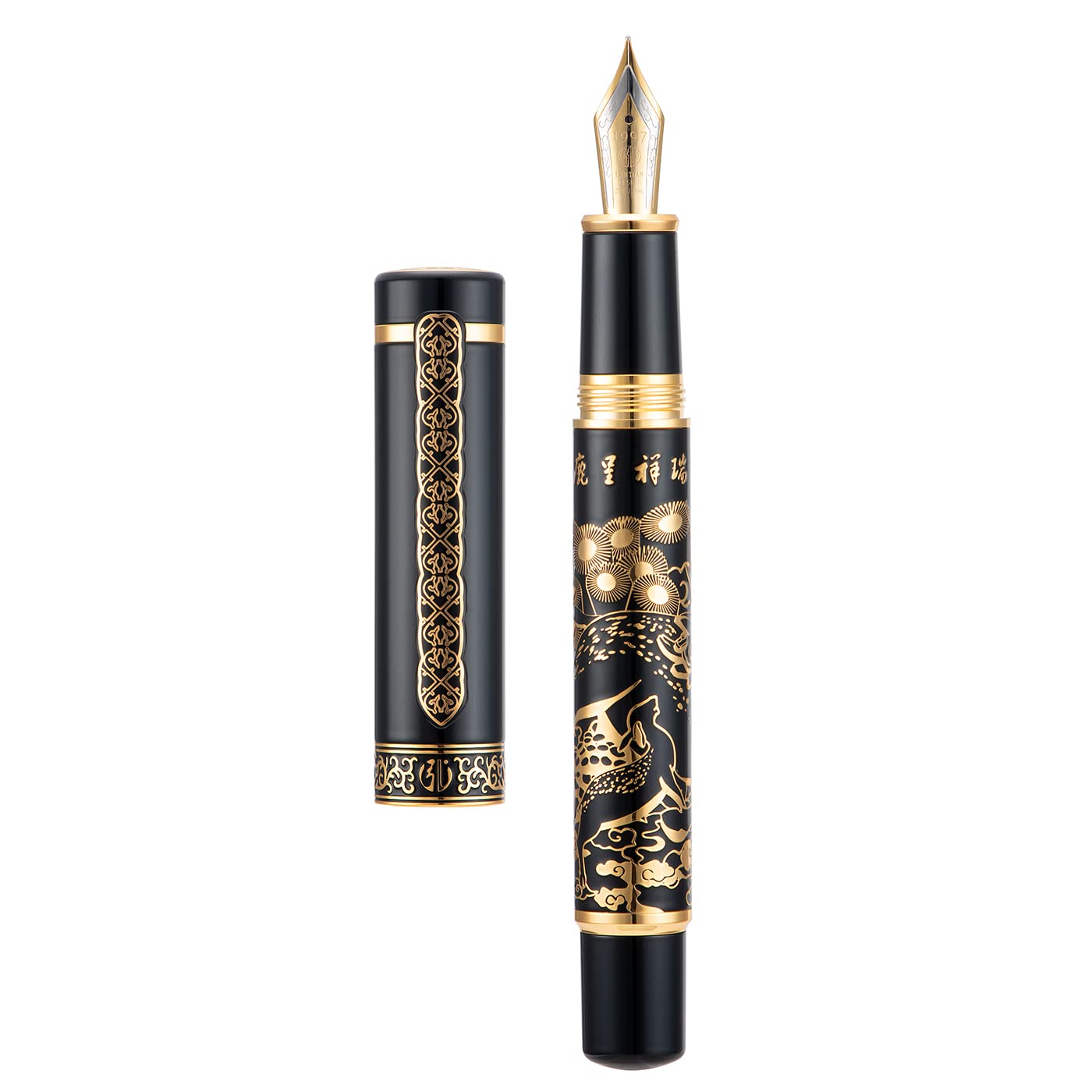Hongdian 8037 Chinese Classical Fountain Pen, Iridum Extra Fine Gold Nib with Chinese Deer Totem Design, Smooth Writing Pen with Ink Converter and Metal Pen Box Set