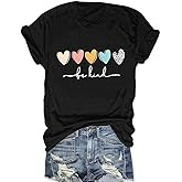Savarana Graphic Tees for Women Be Kind Letter Print Shirts Funny Love Heart T Shirt Inspirational Happy Short Sleeve Tops