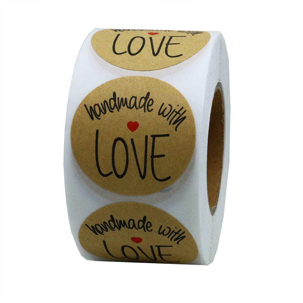 Palucart 500 handmade sticker labels "Handmade with Love" with black lettering on kraft paper.