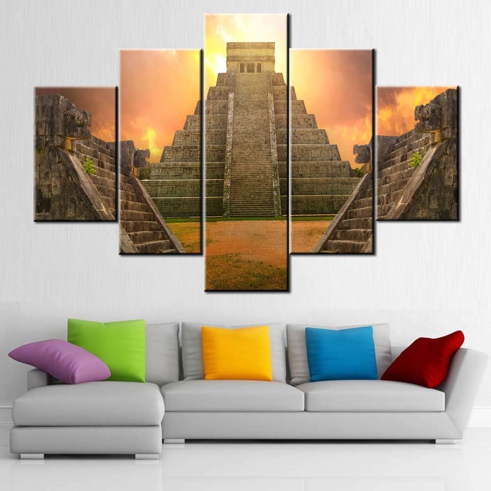 Aztec Pictures for Living Room Great Pyramid and The Ruins Paintings Multi Panel Canvas Wall Art Temple of Jaguar Artwork Modern Home Decor Wooden Framed Gallery-Wrapped Ready to Hang(60''W x 40''H)