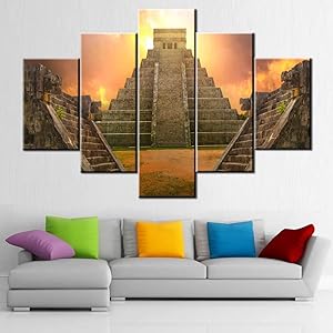 Aztec Pictures for Living Room Great Pyramid and The Ruins Paintings Multi Panel Canvas Wall Art Temple of Jaguar Artwork Modern Home Decor Wooden Framed Gallery-Wrapped Ready to Hang(60''W x 40''H)