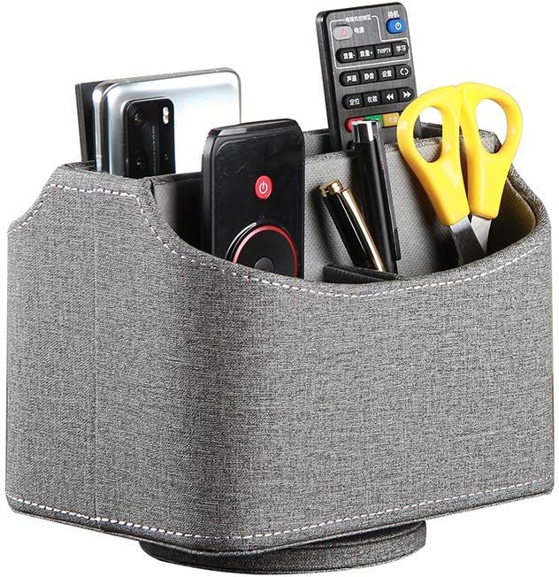 Leather Remote Control Holder Bedside Table Storage Box Blu Ray Heater Controllers Mobile Phone Desk Organizer For Pen Media Accessories Dvd 360 Degree Rotatable Nightstand Tv Remote Caddy Supply Organizers Office Supplies