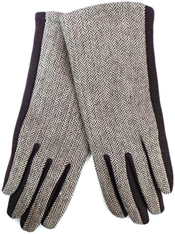 Réf220 GA.34-Women's Gloves-Camel Brown Chevron of Wool-sheet-size Fleece Lining Unique