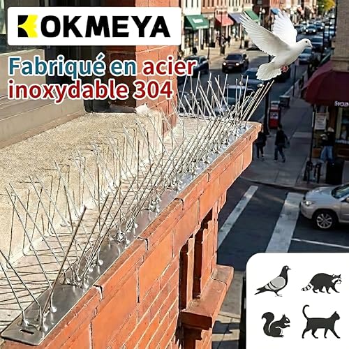KOKMEYA Stainless Steel Anti Pigeon Spikes (5 m, 20 pcs to 25 cm) - Bird Repellent Kit 304 with 40 Screws & 40 Collars - for Balcony, Gutter, Roof & Window - Against Crows