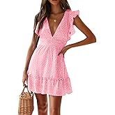 Women Floral Mini Dress Sexy V Neck Ruffle Flutter Sleeve Polka Dot Summer Dresses