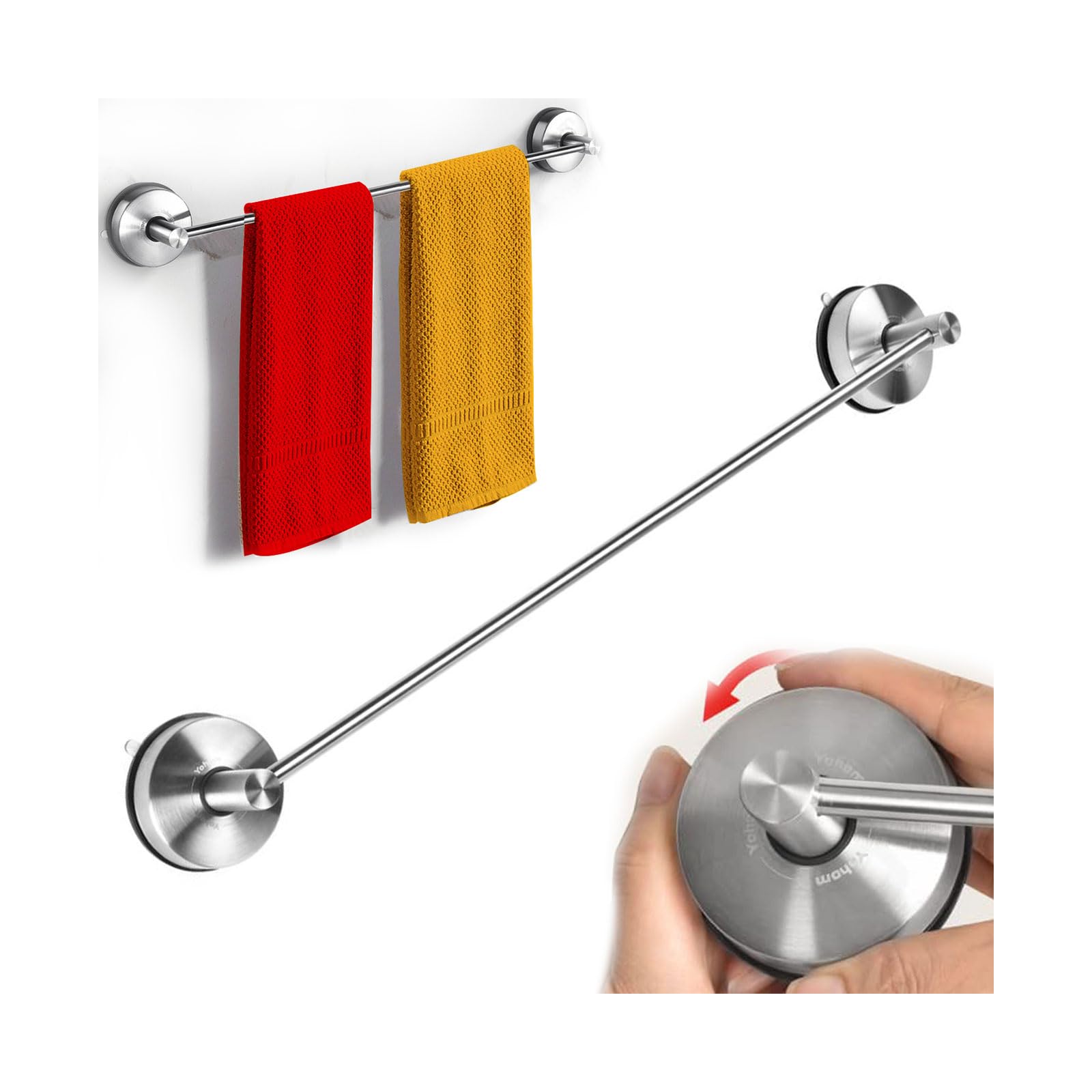 YOHOM Stainless Steel Suction Towel Rail Bathroom 55 CM Vacuum Hand Towel Holder Suction Cup Tea Towel Rack Kitchen Single Shower Towel Bar Wall Mounted Towel Hanger No Drilling Brushed (22-Inch)
