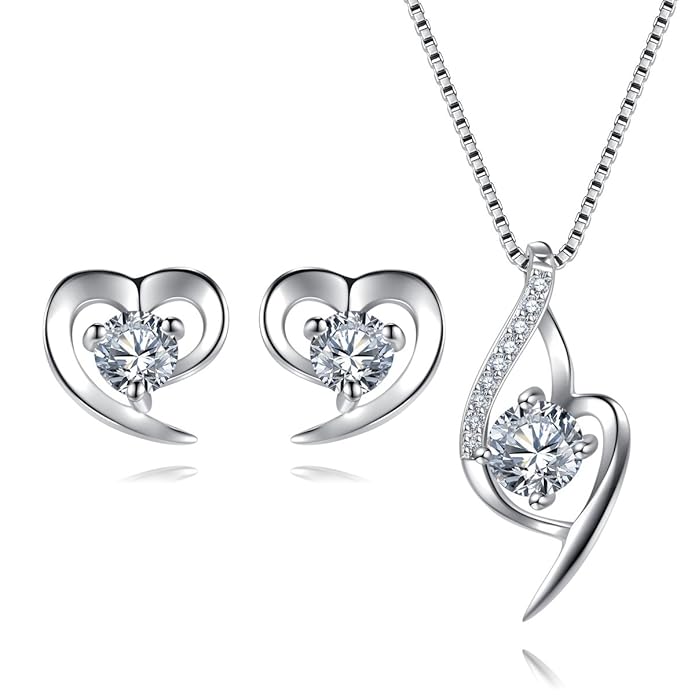 Herz Schmuckset Silber 925 Damen Kette und Ohrringe Set mit Zirkonia Stein Für Fraun & Mädchen Geschenk, 18”