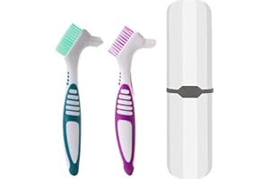 Clofiak 2Pcs Denture Cleaning Brush Kit False Teeth Toothbrushes with 1 White Carrying Case Travel Multi-Layered Soft Bristles Denture Cleaner Ergonomic Rubber Handle(Green and Purple)