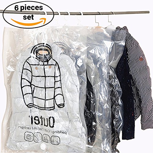 Zidetang Hanging Vacuum Garment Storage Bags-Space Saver Bags for Dresses, 2017 New Designs, Set of 6 Pieces