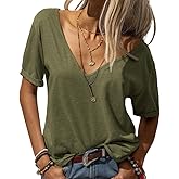 Grlasen Women Summer Deep V-Neck Short Sleeve Tops Fashion Casual Solid Loose Basic T Shirt