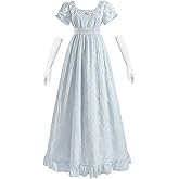 CR ROLECOS Regency Dresses Victorian Empire Waist Dress for Women Tea Party Puff Sleeve Costume Gown with Gloves