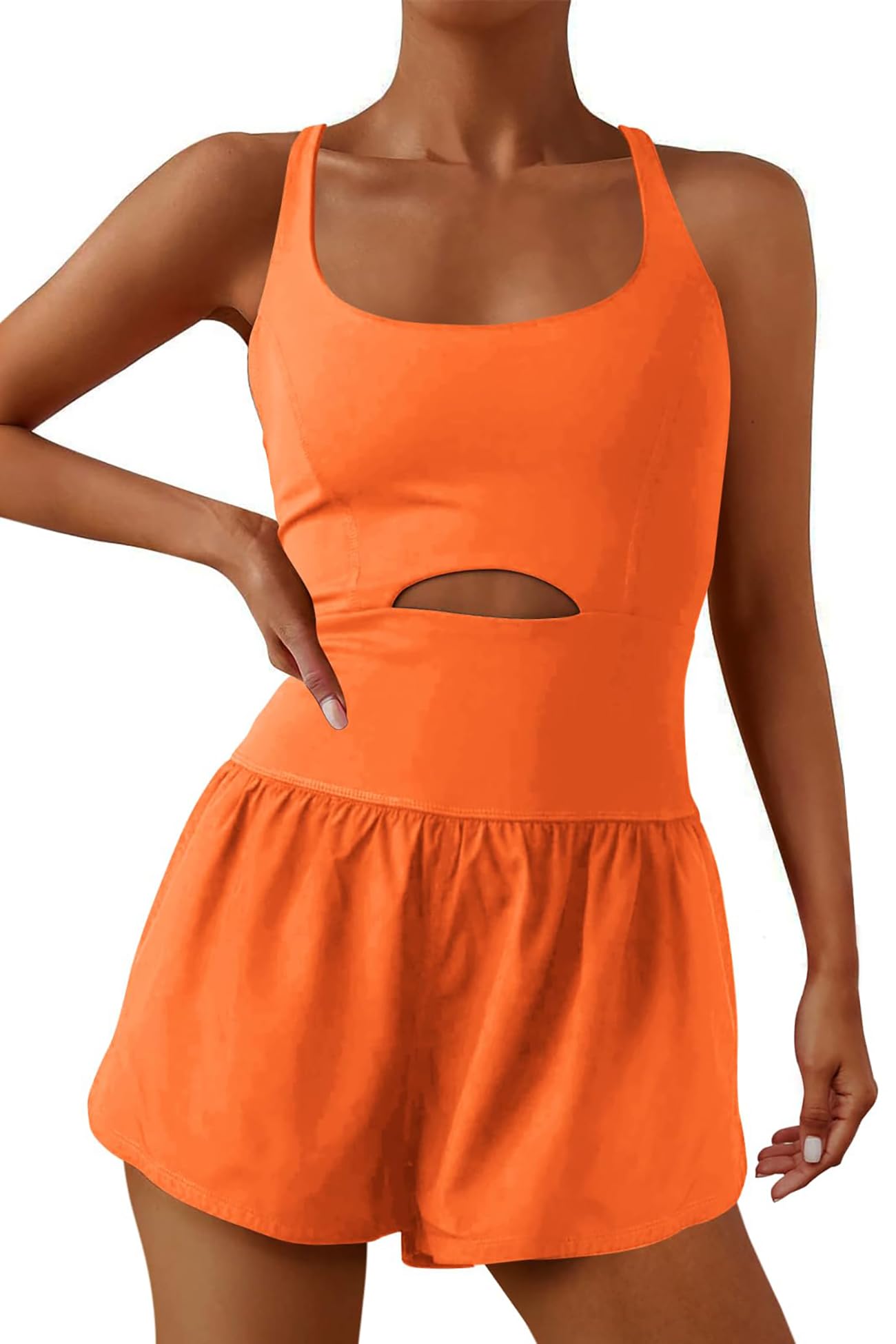 Photo 1 of ReachMe Womens Running Onesie Workout Rompers Athletic Romper One Piece Outfits Exercise Jumpsuits Gym Yoga Clothes(Orange,S)