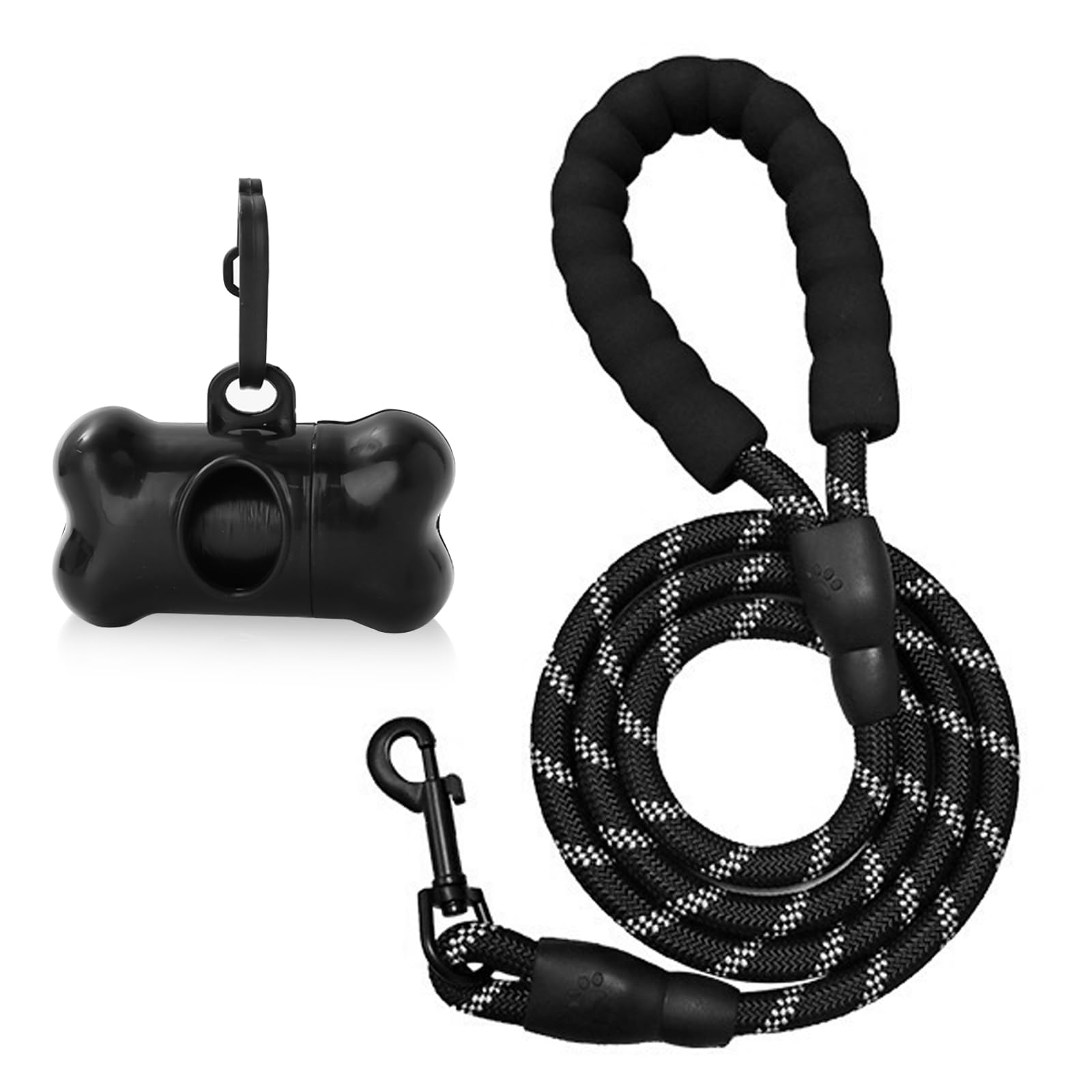 HEITAOZHUANYING 1.5m Rope Dog Lead, Clip On Waste Bag Dispenser, Comfortable Padded Handle And Highly Reflective Training Lead For Small, Medium And Large Dogs (Black)