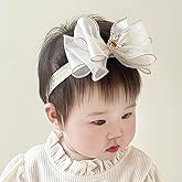 Bethynas Princess Crown Lace Bowknot Headband for Baby Girls Handmade Chiffon Elastic Baby Hairband Birthday Party Crown Hair Accessories for Newborn Infant Toddlers (Style 1 - off white)