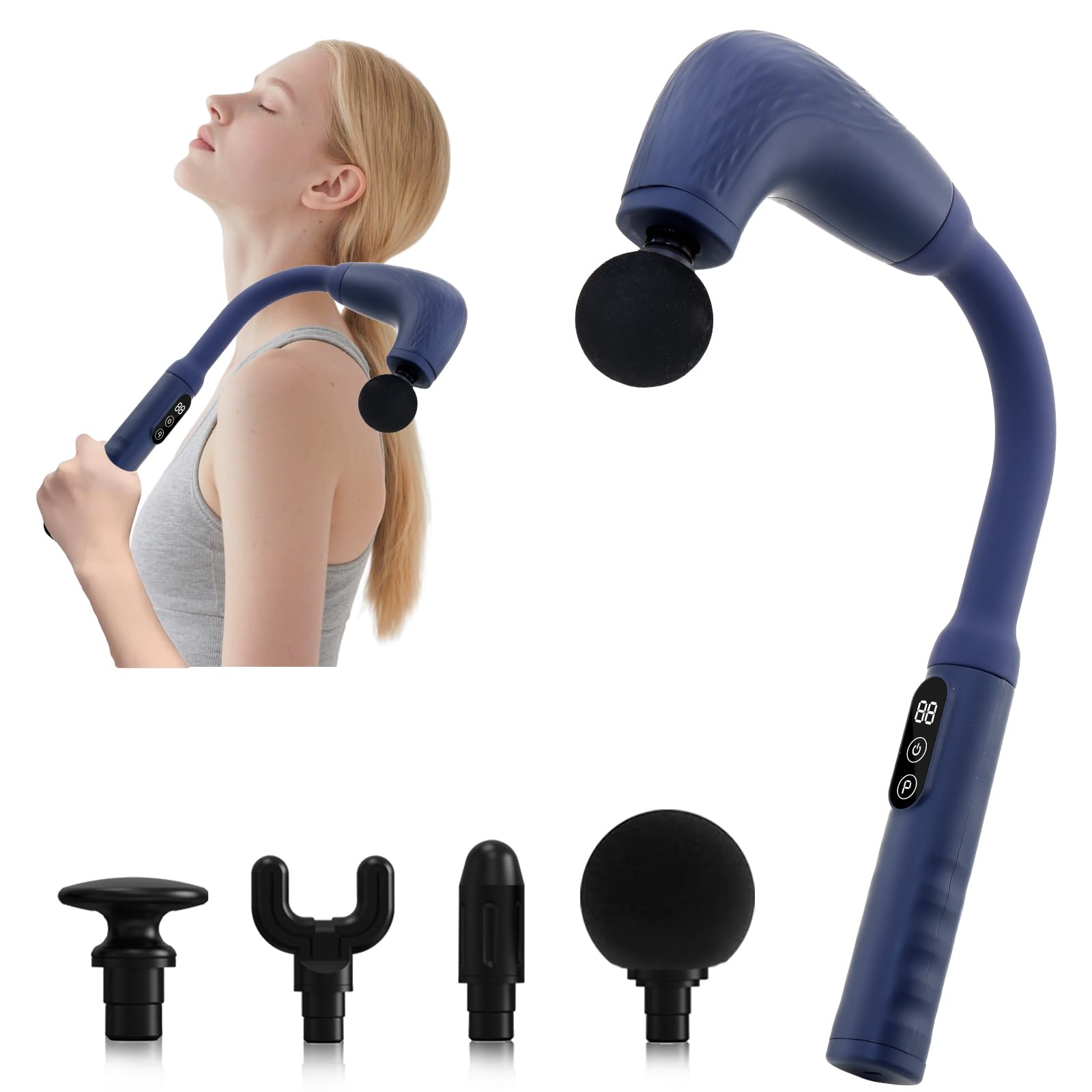 Photo 1 of UFFAE Massage Gun with Upgraded Extension Handle, Back Massager for Pain Relief Deep Tissue, Muscles/Neck/Shoulders/Waist/Legs Massager with 4 Massage Heads & 6 Speed Levels & 3 Massage Modes, Blue