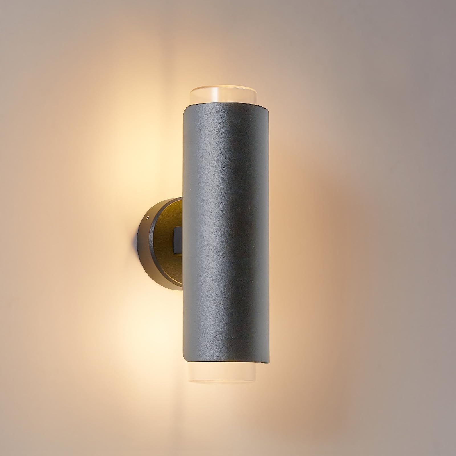 CELAVY Up Down Outdoor Wall Lights, Grey Outside Light Mains Powered, External Front Door Porch Lamp IP54 Waterproof, E27 Exterior Modern Sconce Electric Large Round Aluminium Lighting for House