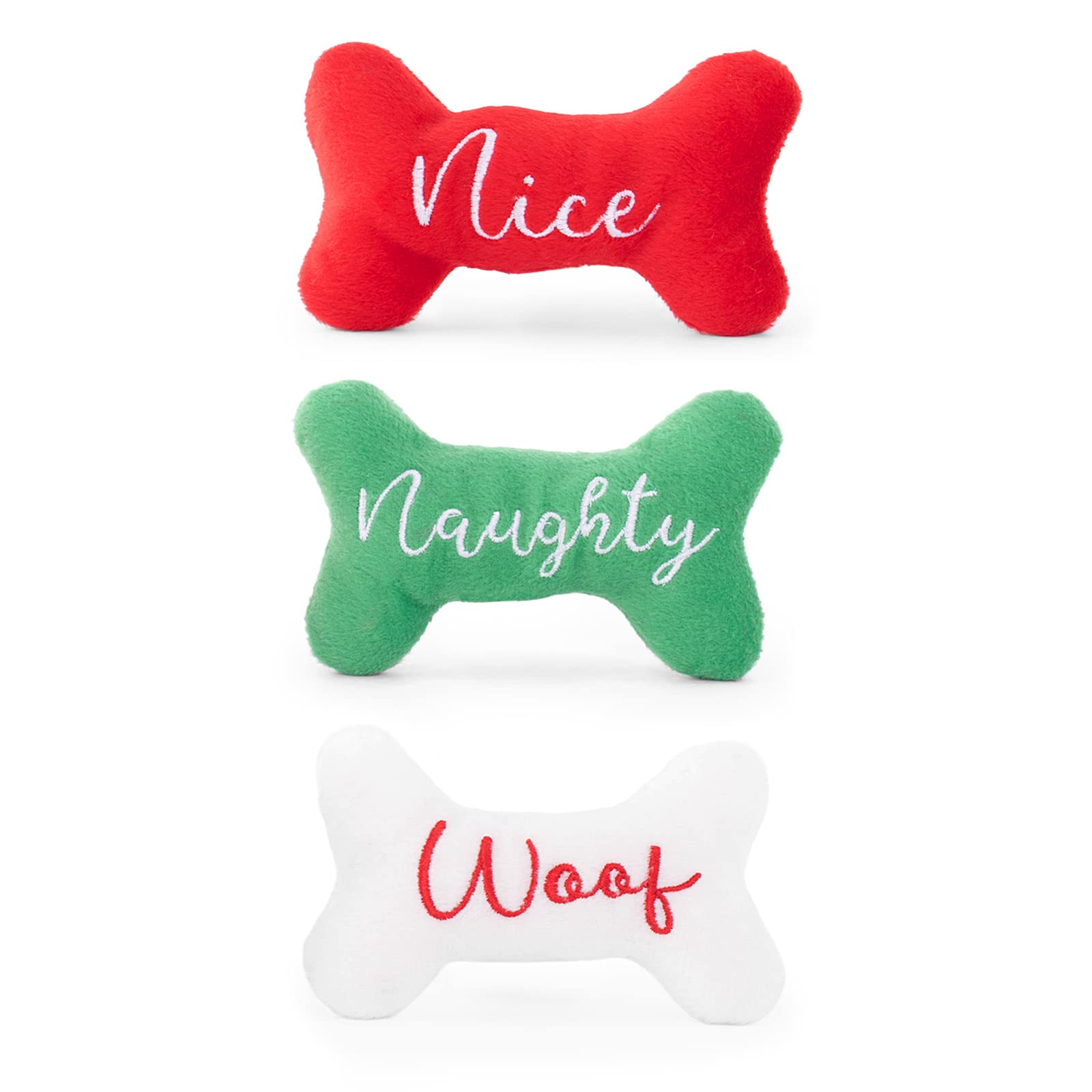 Zippy Paws Holiday Miniz 3-Pack - Naughty and Nice Bones Dog Plush Toy for Small Dogs