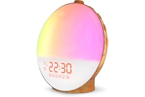 Dekala Sunrise Alarm Clock for Bedrooms, Wood Grain Wake Up Light with Sunrise Simulation, Dual Alarms & Natural Sounds, Snooze & Sleep Aid, FM Radio, Ambient Night Light, Dimmable Display