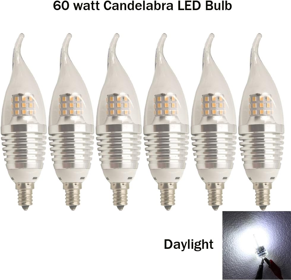 Ashialight Equal 60 Watt, LED Candelabra Bulb, Daylight, E12 Base, Bent
