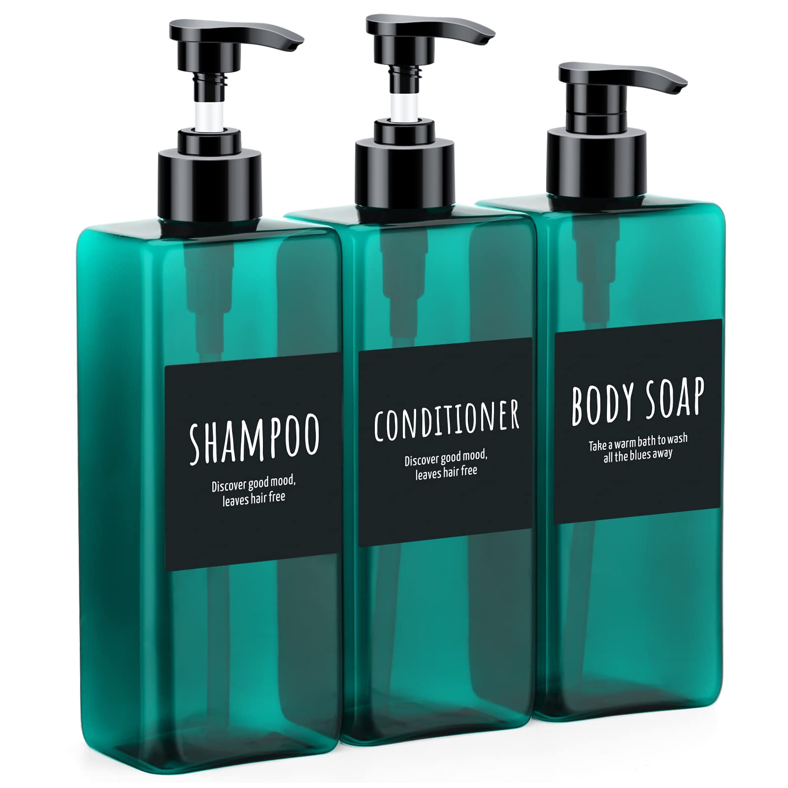 16.9oz Shampoo Conditioner Bottles, Segbeauty 3pcs 500ml Pump Press Dispenser with Labels, Empty Refillable Shampoo Body Soap Conditioner Gel Plastic Bathroom Press Lotion Containers Light Sea Green