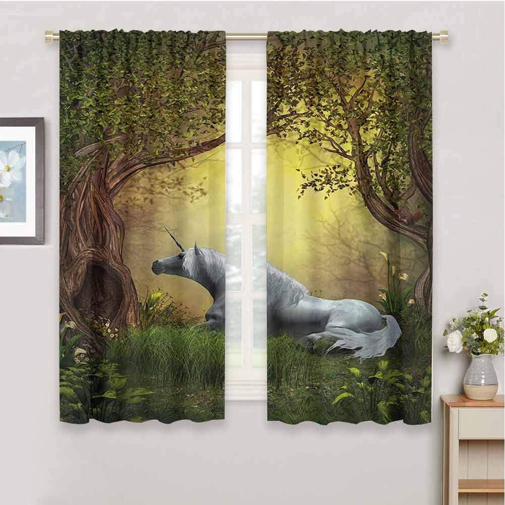 HoBeauty home Unicornwindow Curtain 2 panelEnchanted Forest Fantasy Magical Willow Trees Wildflowers Woodland Animal Folklorecurtain Living roomGreen White55 x 63 inch