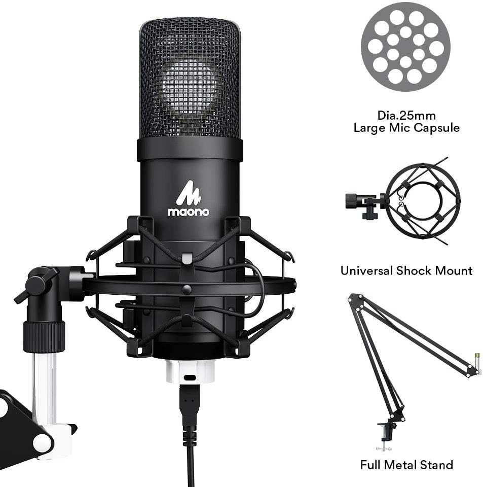 USB Microphone 25mm Large Diaphragm MAONO AU-A425 Plus 192KHZ/24Bit Cardioid Condenser PC Microphone with Two Metal Stand for Podcasting, Gaming, Studio/Home Recording, Streaming, YouTube, Computer