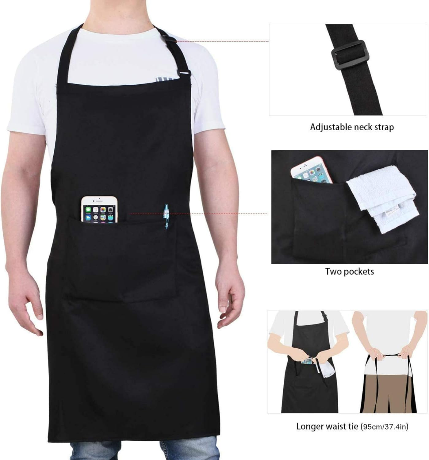 Will Well Adjustable Bib Aprons, Water Oil Stain Resistant Black Chef Cooking Kitchen Aprons with Pockets for Men Women (1 Pack): Kitchen & Dining