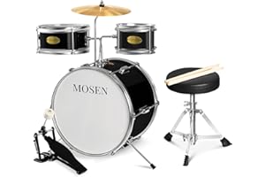 MOSEN MUSIC MOSEN Drum Set 3-Piece Beginner Drum Set Junior Drum Kit with Adjustable Throne, Cymbal, Pedal & Drumsticks Drums with Bass Tom Snare Drum - Black