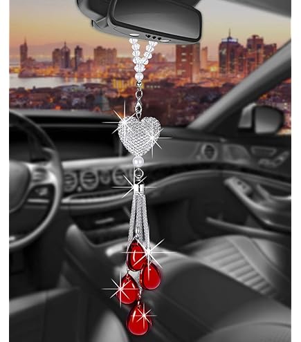 KHGUZ Bling Car Rear View Mirror Hanging Charm - Crystal Rhinestone Bow With Plush Ball, Red