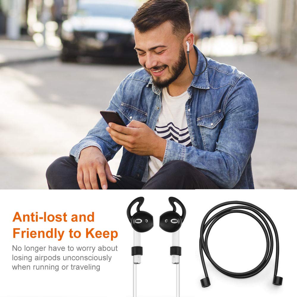 Airpods Case 4 in 1 New Bee Premium Silikon Kratzfestes Airpods Schutzhüllen Set für Airpods-Ladeetui mit Airpod Etui/Cliphalter/Band/Ohrhaken (Schwarz)