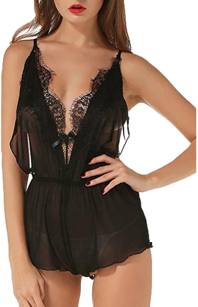 Sexy Lingerie Set Women's Ronamick Muslin Negligee Lingerie Fashion Women Sexy Bow Lingerie Uniforms Temptation Sexy Underwear Siamese Nightdress, Black , M