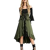 Rosegalette Renaissance Costume Women Bell Sleeve Cold Shoulder Lace up Ruffle Medieval Corset Dress Halloween Costumes
