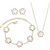 Srazeyo Ladies Clover Lucky Necklace Earrings Bracelet Set 18K Gold-Plated Stainless Steel Flower Reversible Jewelry Set Fashion Women Jewelry