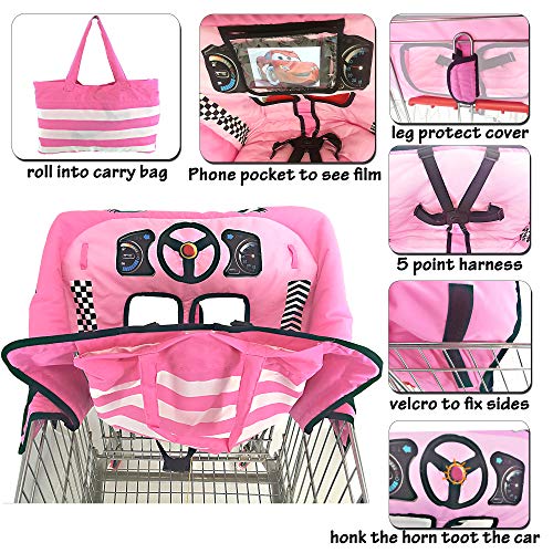 Cute Car Design 2-in-1 Shopping Cart&High Chair Cover for Baby with Portable Bag | Universal Fit All Shopping Cart Seat& Restaurant Highchair | Fits Big Carts | 5 Point Safety Harness System (Pink) - Thumbnail 2