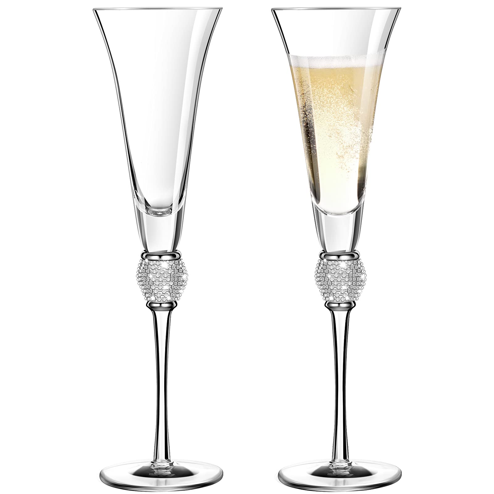 Patelai 2 Pieces Rhinestone Champagne Flutes Wedding Toasting Glasses 7 Oz Rim Diamond Wine Glasses Long Stem Glassware for Wedding, Parties, Anniversary Supplies (Silver)