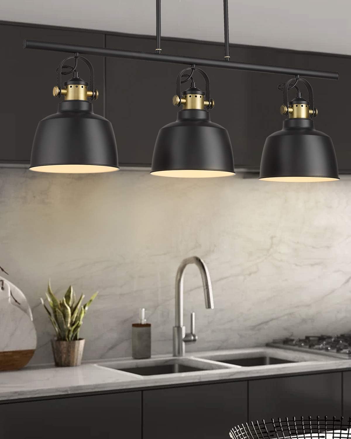 Autelo 3-Light Pendant Light, Industrial Kitchen Island Lighting Fixture with Black Metal Shade for Dining Room Kitchen H3700-3 BK - - 