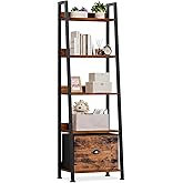 Furologee 5-Tier Ladder Shelf, Ladder Bookshelf with Removable Drawer, Rustic Bookcase Storage Rack Organizer, Wood Metal Freestanding Storage Shelf for Living Room, Home Office, Bedroom, Balcony