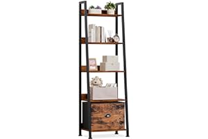 Furologee 5-Tier Ladder Shelf, Ladder Bookshelf with Removable Drawer, Rustic Bookcase Storage Rack Organizer, Wood Metal Freestanding Storage Shelf for Living Room, Home Office, Bedroom, Balcony