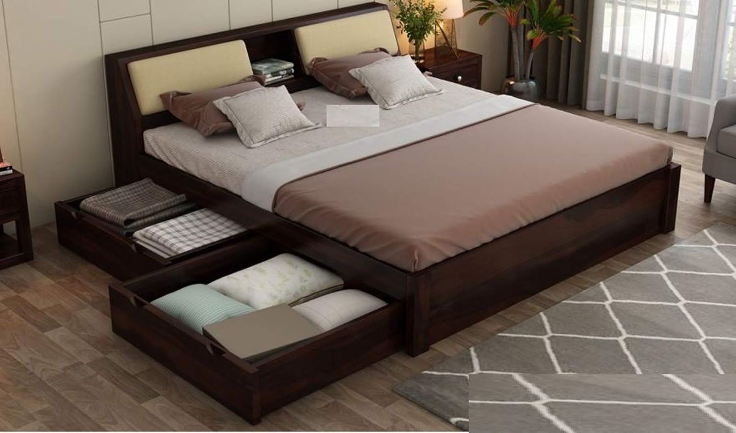 EBANSAL Solid Sheesham Wood Glossy King Size Bed for Bedroom with 4