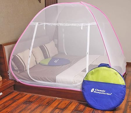 Classic Mosquito Net - Foldable, King Size Double Bed With Saviours - (Pink)