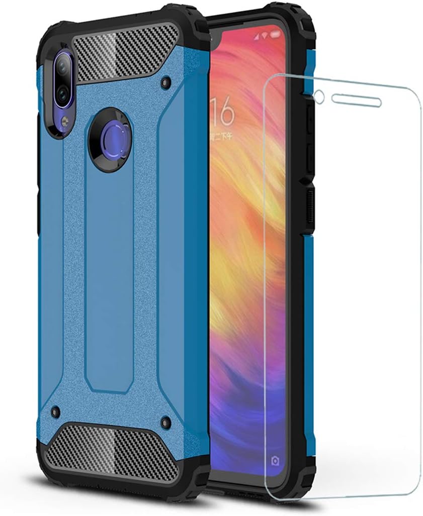 DESCHE for Xiaomi Redmi Note 7 case, Hard PC Soft TPU 2 in 1 360 protective armor Shockproof scratch-resistant Durable phone case+Tempered glass -Blue