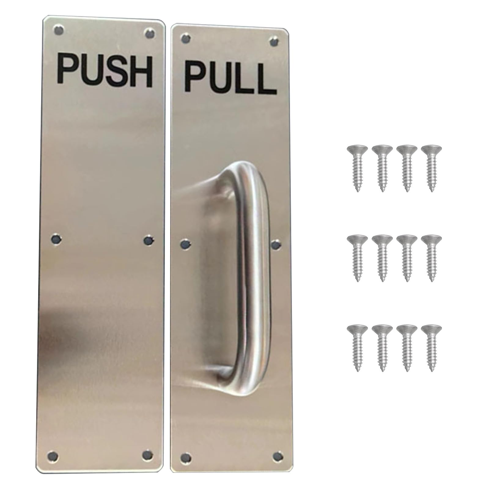 2 Pcs Pull Push Door Plate Handle Stainless Steel, Heavy Duty Barn Doo r Pull, with Push Plate Screws, Silver Doo r Handles, for Entrance, Bathroom, Commercial Fire Doors, Cabinets, 300 x 80mm, Silver